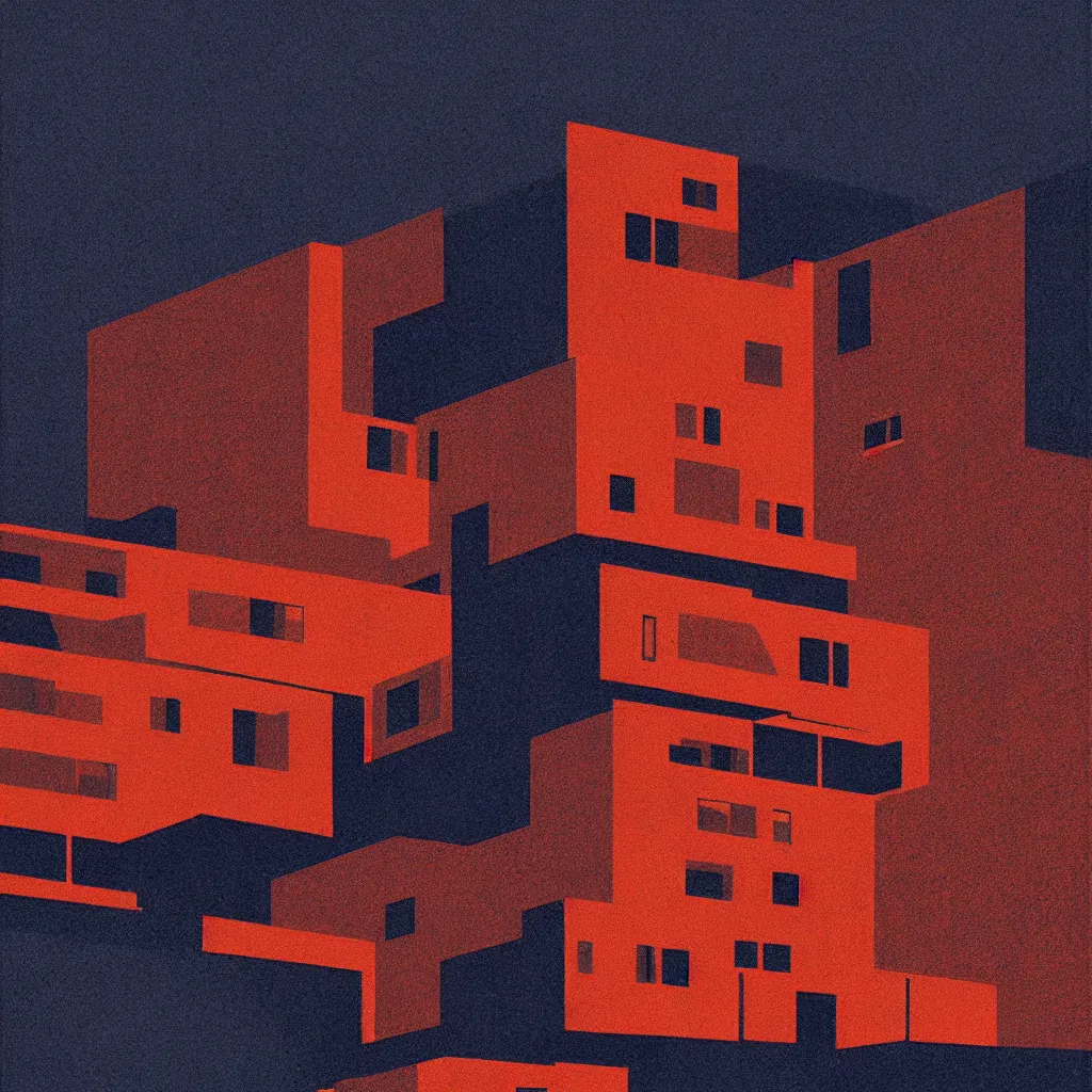 Prompt: kyoto, mads berg, karolis strautniekas, film noir, stippled light, dramatic lighting, editorial illustration, detailed, fine texture, matte print, art deco, brutalism, dark blue + dark orange, red, black, ( ( habitat 6 7 background ) )