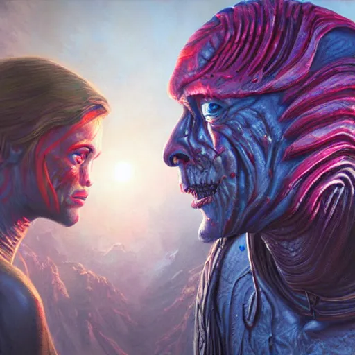 Image similar to bright, colorful, realistic, detailed from Elder Scrolls: shivering isles concept art Geiger and Beksiński alien portrait backlighting, kodachrome, high contrast, highly detailed, sharp focus, digital painting, concept art, illustration, trending on artstation, comic book by Alex Ross and Adam Adamowicz cover art