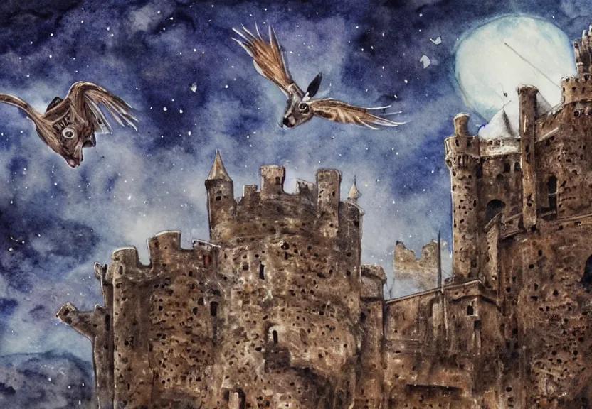 Prompt: winged possum flying over a medieval castle under a dark starred sky, dark fantasy, watercolor, dreaming illusion, highly detailed, 4k, trending on Artstation, award-winning