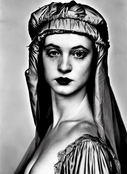 Prompt: young blonde woman in renaissance dress, photograph by helmut newton