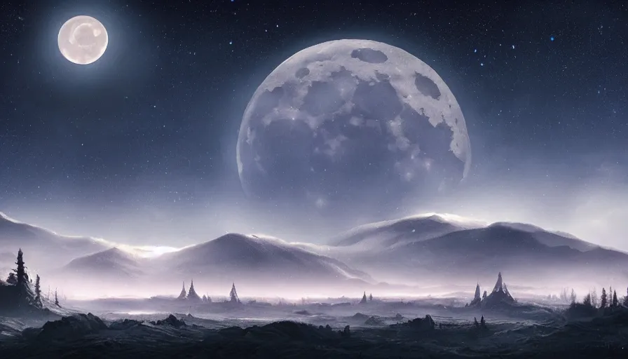 Image similar to a beautiful landscape at night, big moon on the right, stars in the sky, matte painting, dark blue tones, high contrast, intricate details, concept art, 4 k