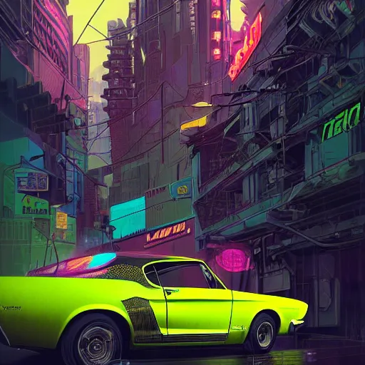 Prompt: a highly detailed matte painting of a neon colored batmobile in a 1 9 6 7 ford mustang fastback, vector art, art by artgerm and greg rutkowski and alphonse mucha, cyberpunk city, rainy city streets, god rays, intricate detail, cinematic, 8 k, cel shaded, unreal engine, featured on artstation, pixiv