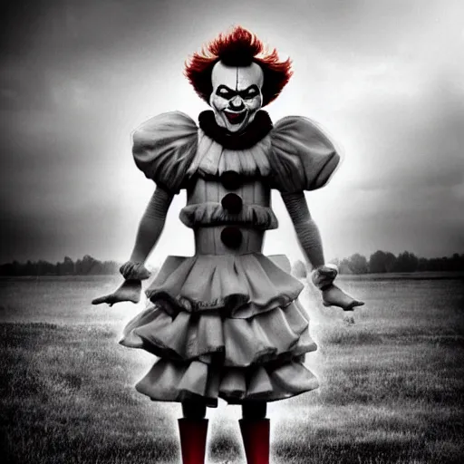 Prompt: Creepy full body shot of Pennywise the clown, old photo, grayscale