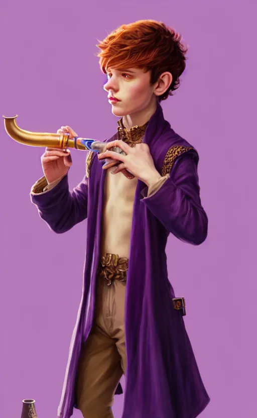 Prompt: a non - binary halfling with cropped hair, smoking a pipe, wearing a purple smoking jacket, with golden glowing angel wings, d & d, fantasy, intricate, elegant, highly detailed, digital painting, artstation, concept art, matte, sharp focus, illustration, art by artgerm and greg rutkowski