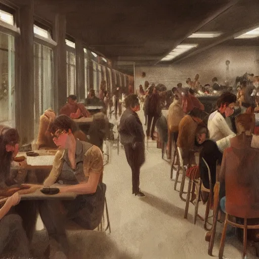 Prompt: a worried person in a crowded busy dystopian cafeteria interior by otto frello