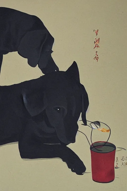 Prompt: a black dog drinking soju by leo lionni