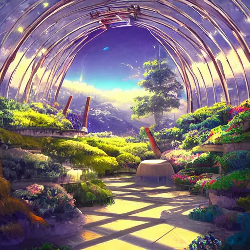 Image similar to a heavenly dream view from the interior of my cozy giant futuristic greenhouse tower dream world filled with color from a Makoto Shinkai oil on canvas inspired pixiv dreamy scenery art majestic fantasy scenery fantasy pixiv scenery art inspired by magical fantasy exterior illumination of awe and wonder