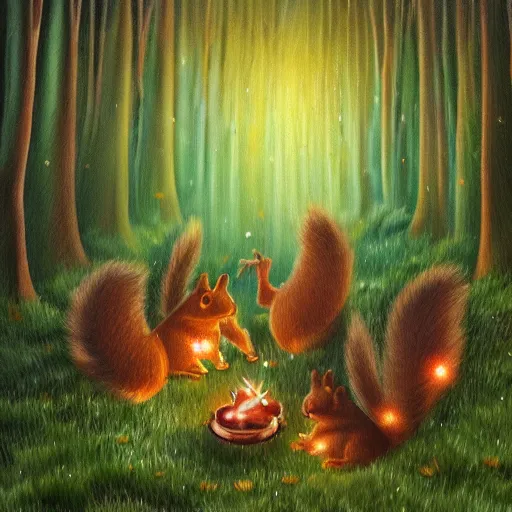 Image similar to beautiful oil painting of squirrels with glowing eyes hiding under foilage, raining at night