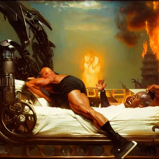 Image similar to vin diesel is in his bed, nervous and terrified, because little richard from hell is attacking him. highly detailed painting by gaston bussiere, j. c. leyendecker, greg rutkowski, craig mullins 8 k