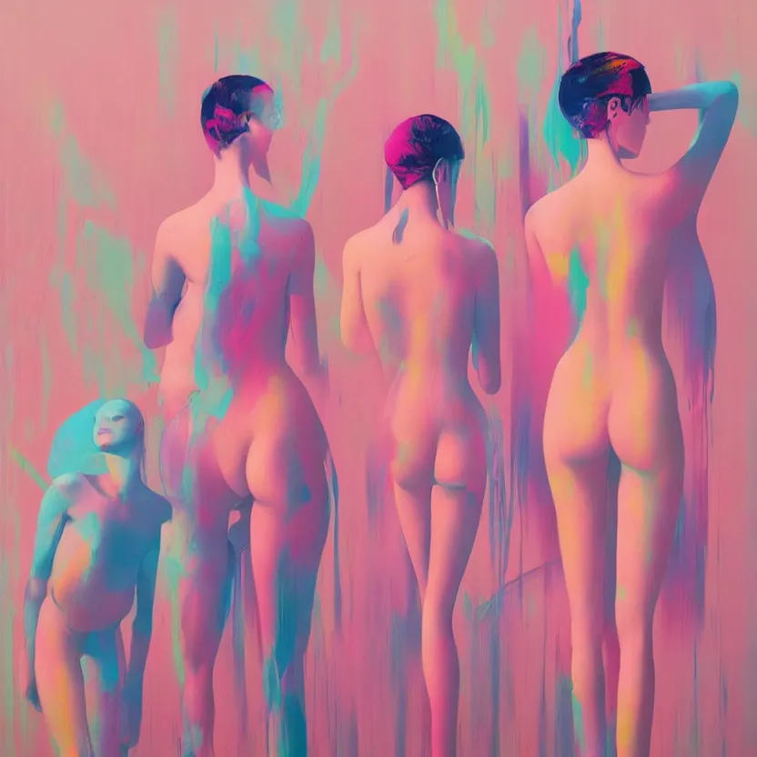 Prompt: neopop fine art western figurative painting with modern youth music culture influences by yoshitomo nara in an aesthetically pleasing natural and pastel color tones