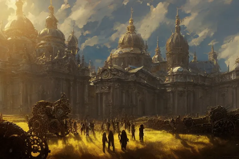 Prompt: an ornate baroque church with chain wheels, mortal engines, scene in an open field. key visual, conceptart, ambient lighting, highly detailed, digital painting, artstation, concept art, sharp focus, by makoto shinkai and akihiko yoshida and greg manchess