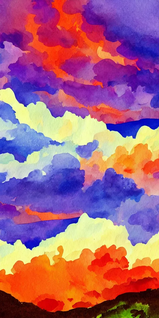 Prompt: high quality digital water color painting of idyllic vivid colorful orange purple red magical storm clouds above a mountain range