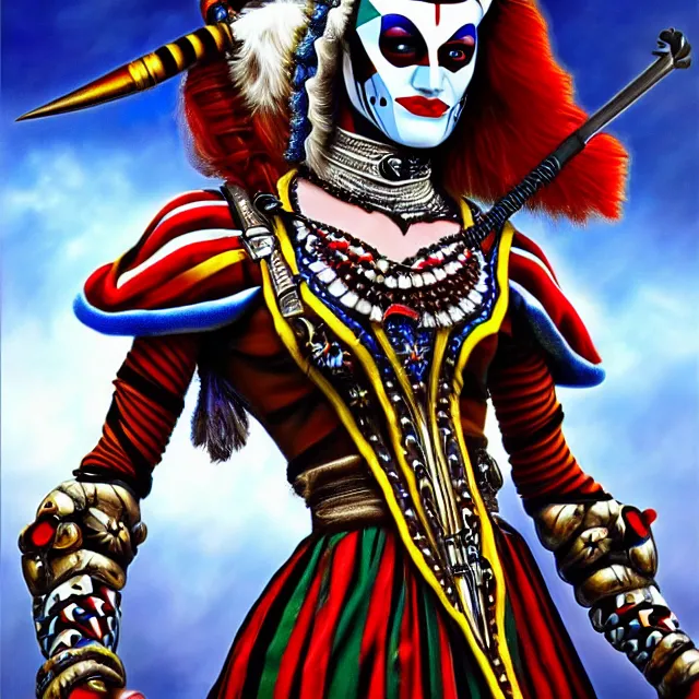 Image similar to beautiful harlequin warrior, highly detailed, 8 k, hdr, anne stokes