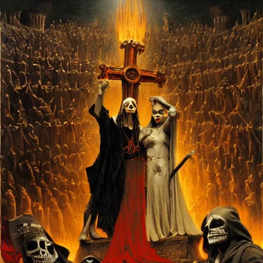 Image similar to dante's inferno, with people in black hooded tunic like in the film eyes wide shut of stanley kubrick, illuminati symbol, crows, skeletons, crosses, dark beauty, rotten gold, perfect faces, extremely detailed. highly detailed painting by gaston bussiere and j. c. leyendecker 8 k