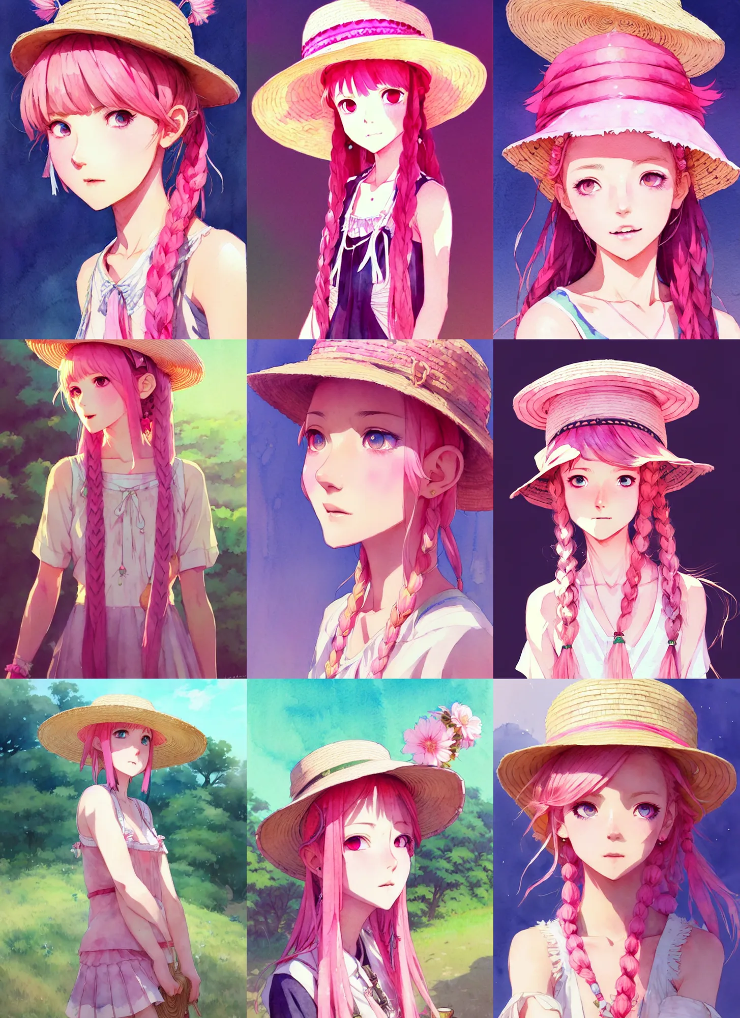 Prompt: portrait of a cute girl with pink hair with straw hat dress in boho style camping, symmetry face, top lighting, cute - fine - face, ( watercolor ), art by hidari and krenz cushart and wenjun lin and starember and kuvshinov ilya and kidmo