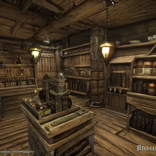 Image similar to Whiterun apothecary interior, potion shop interior, glowing potions, skyrim, set within Elder Scrolls 5 as fanart