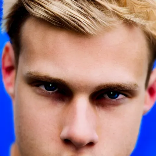 Image similar to an close - up photo of an american 2 0 yo man wearing a white shirt and black tracksuit, blonde hair, blue eyes, small blond goatee, biggish nose