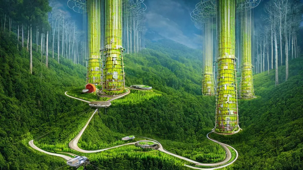 Image similar to Clean, Cheap Abundant,Nuclear Energy Future, Forest in Harmony with Nature; Location: Quito, Ecuador; by Vincent Callebaut; by Simon Stålenhag; retro-futuristic ; retro natural-futurism;