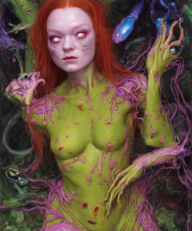 Prompt: a portrait photograph of a colorful alien succubus super villian with amphibian skin. she looks like sadie sink and is being wrapped in a colorful slimy infected organic membrane catsuit while meditating. by donato giancola, hans holbein, walton ford, gaston bussiere, peter mohrbacher and brian froud. 8 k, cgsociety, fashion editorial