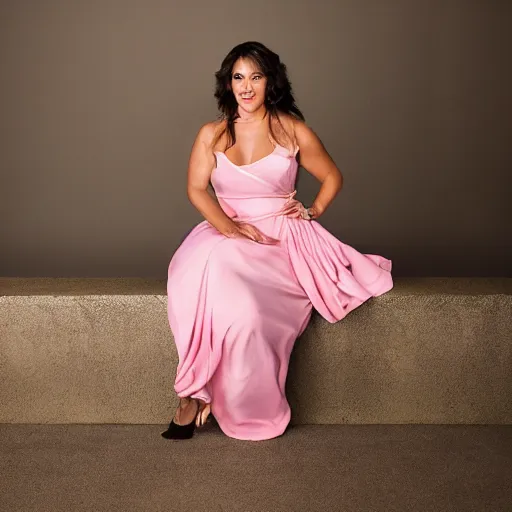 Image similar to Dwayne Johnson wearing a pink dress, photoshoot, portrait, studio lighting