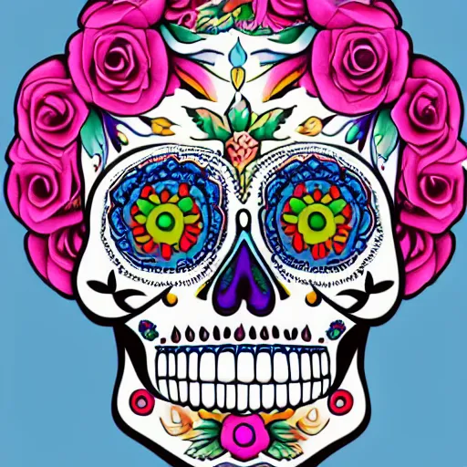 Image similar to beautiful dia de muertos sugar skull artwork on a real human skull, 1 6 k resolution, ultra realistic, highly detailed, colorful, festive