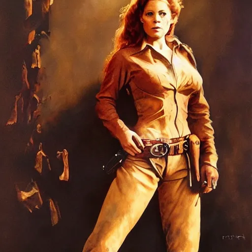 Image similar to ultra realistic portrait painting of amy adams as a western outlaw, art by frank frazetta, 4 k, ultra realistic, highly detailed, epic lighting