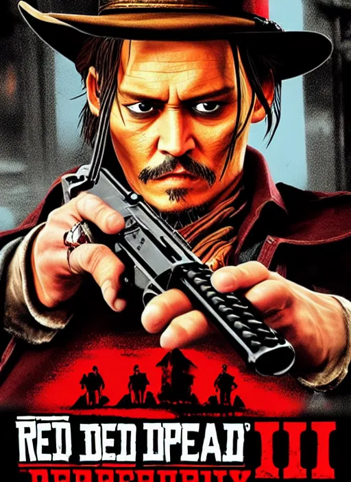 Prompt: johnny depp on red dead redemption 2 game poster,