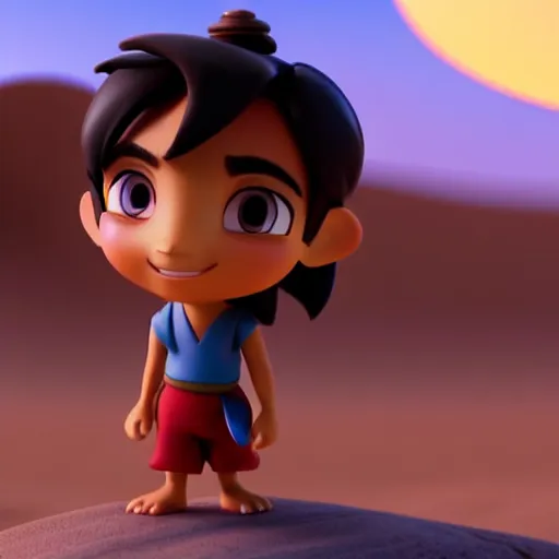 Image similar to profile view of young aladdin as nendoroid walking in a desert in the croods movie style, wearing typical clothes, 8 k, hd, dof, kodak film, volumetric lighting, bright backlit, subsurface scattering, photorealistic, octane render