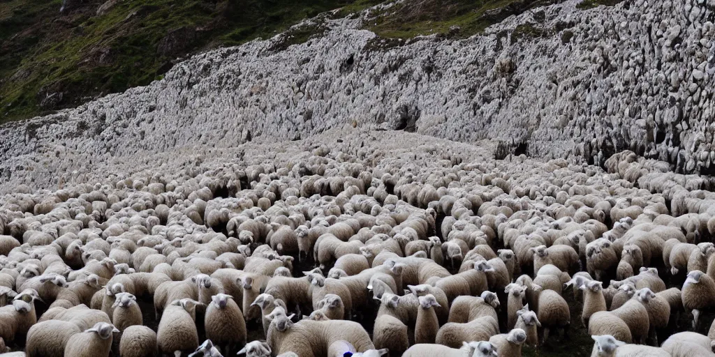 Prompt: hundreds of white sheep running towards a cliff and falling down to the rocks below and one black sheep going against the crowd