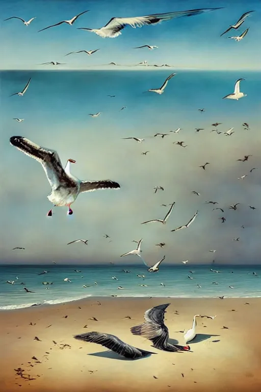 Image similar to surreal landscape, surrealism, beach, seagulls, esao andrews, victor enrich, dali