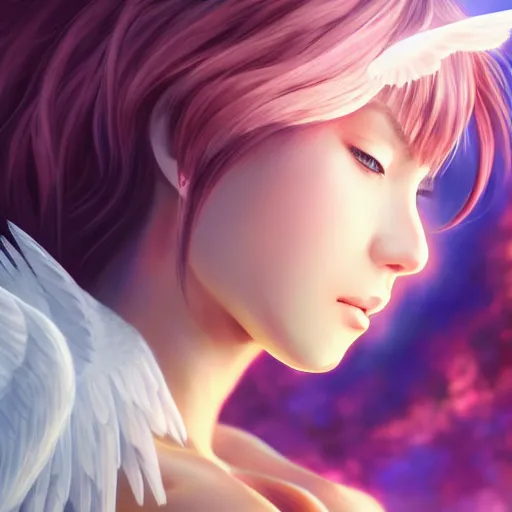 Image similar to an oil painting of a beautiful anime girl with angel wings, by artgerm, hd, hdr, ue 5, ue 6, unreal engine 5, cinematic 4 k wallpaper, 8 k, ultra detailed, high resolution, artstation, award winning