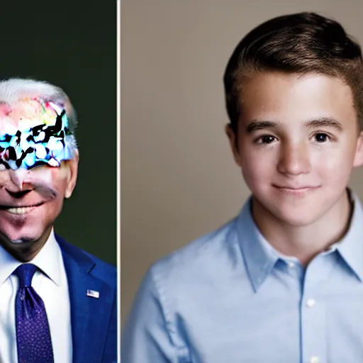 Image similar to A portrait photo of joe biden teams up with a teenage joe biden, perfect faces, 50 mm, award winning photography