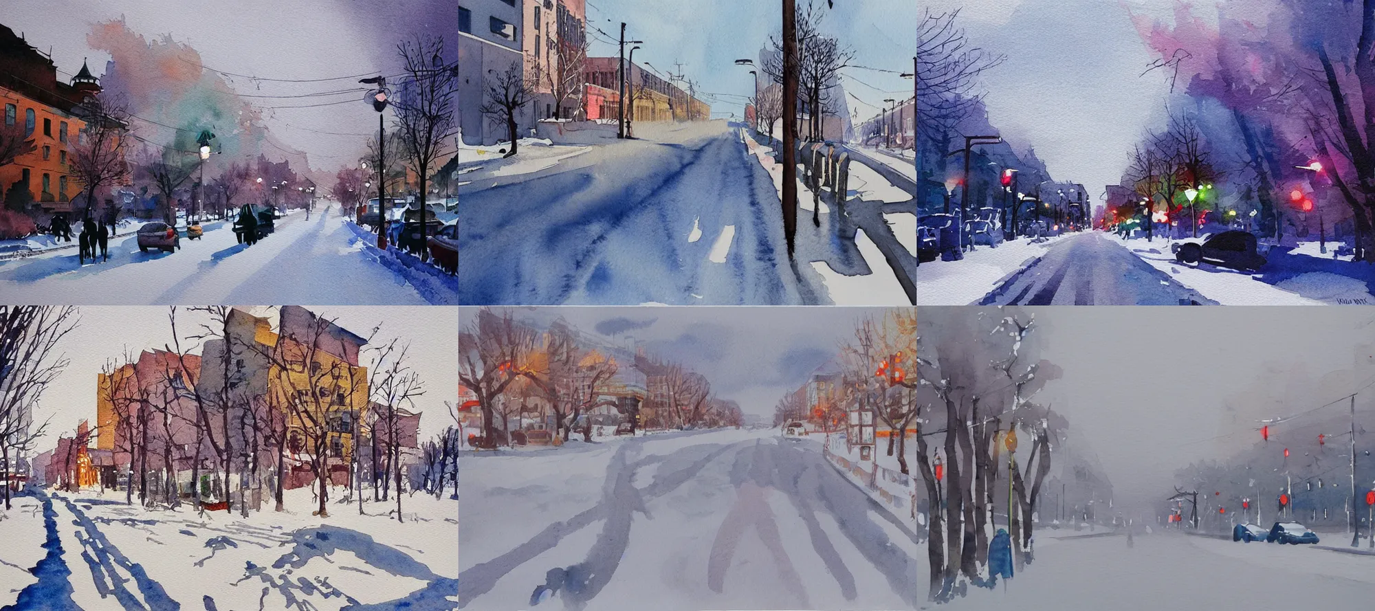 Prompt: !! watercolor!! omsk city road in winter, artwork by tooth wu, colorful contrast,!! very coherent!!, dark shadow, thick lineart