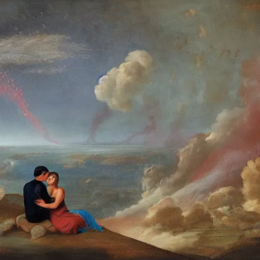 Image similar to a young couple watching the unfolding apocalypse, romantic