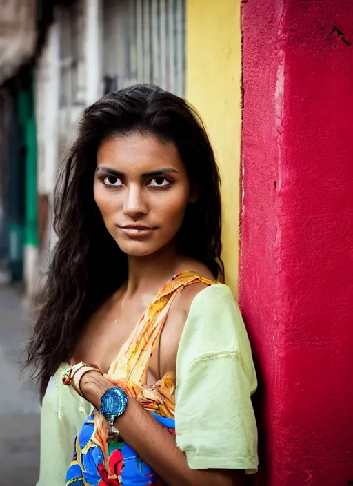 Prompt: color medium shot portrait of beautiful well-groomed Brazilian 26-year-old woman model, candid street portrait in the style of Eric Lafforgue award winning, Sony a7R