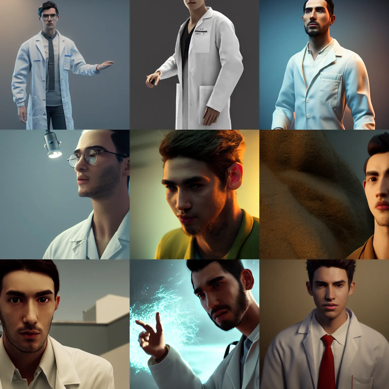 Prompt: a cinematic shot of young man wearing a lab coat, face, handsome, mixed race, octane render, volumetric lighting, nvidia raytracing demo, by Andy Thomas, Mario Martinez, Daniel Mirante, Gustave Dore, Artstation, CGsociety, masterpiece