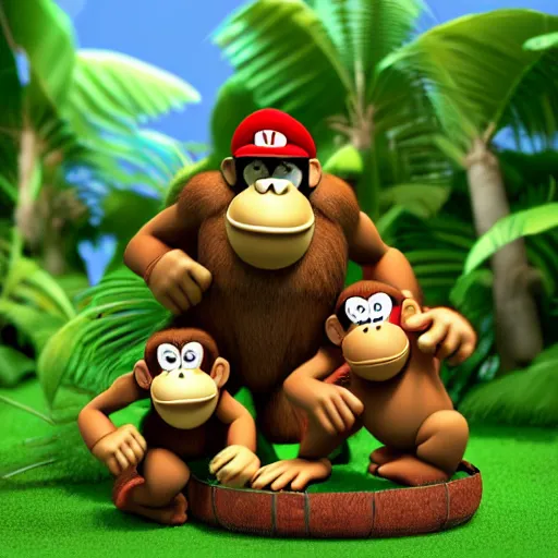 Image similar to Donkey Kong and Diddy Kong surrounded by tropical trees and barrels, 3D render, detailed clay model