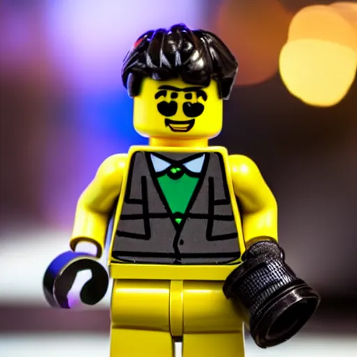 Image similar to photo of lego figure in black Adidas spotwear, holding a bottle, bokeh