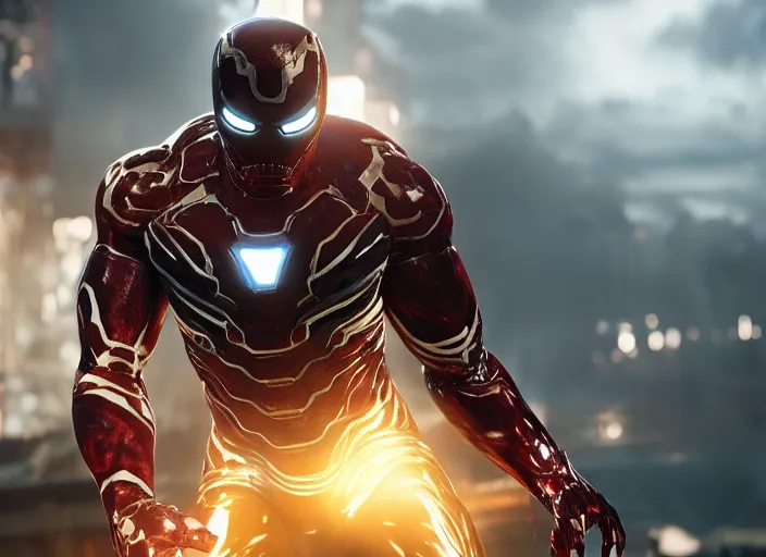 Image similar to venom fused with iron man, ultra realistic 4 k unreal engine very cinematic render with ray tracing bloom ambient occlusion strong reflections