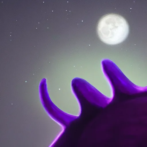 Image similar to closeup of a purple panther roaring at the moon. forest. night. large moon in the center. trending on artstation. cinematic. photoreal. dark colors.