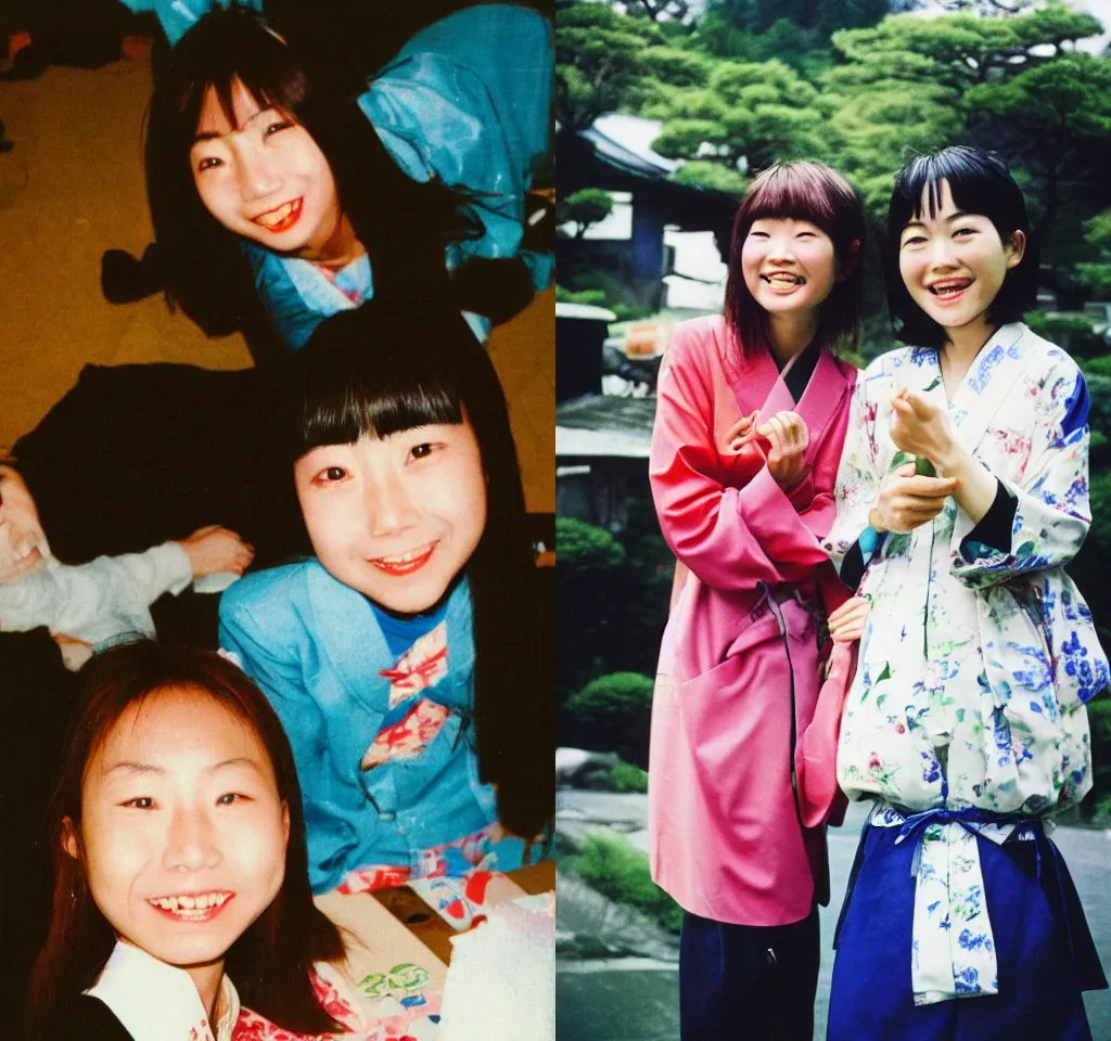 Prompt: 90's Japanese Professional Color Photography, Nikon, Two Japanese girls smiling for the camera, birthday