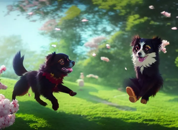 Prompt: animation key shot, black tibetan spaniel, jumping, cherry blossoms in background, studio ghibli, pixar, disney animation, sharp, by greg rutkowski, bloom, dramatic lighting