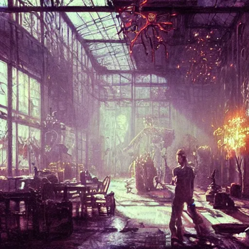 Prompt: scene from movie fightclub, painting of neon lit hr giger interior, floral ornaments, light beams night, scene from fightclub movie, andreas achenbach