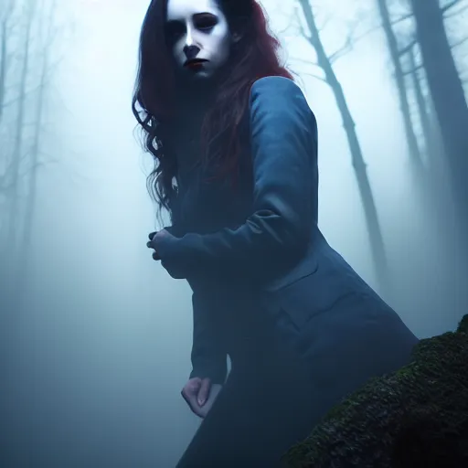 Image similar to Riveting Charismatic brunette female vampire, portrait, atmospheric lighting, painted, intricate, Highgate cemetery, fog, cold, volumetric lighting, beautiful, blue moon light, sharp focus, ultra detailed, by Leesha Hannigan, Ross Tran, Thierry Doizon, Kai Carpenter, Ignacio Fernández Ríos