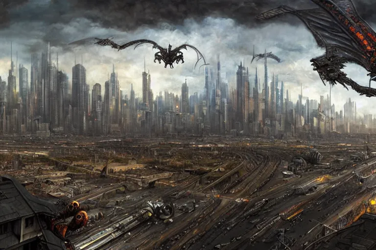 Prompt: hdr rugged futuristic cityscape infested by flying cyber dragons and other robots, matte painting by andrea kowch, detailed realistic