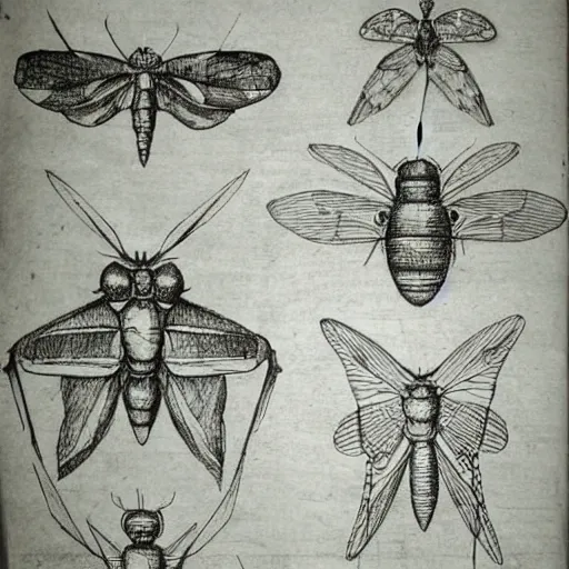 Image similar to various sketches of a mechanical moth in the style of leonardo da vinci, ultra detailed, scribbles, technical drawing, engineering blueprints