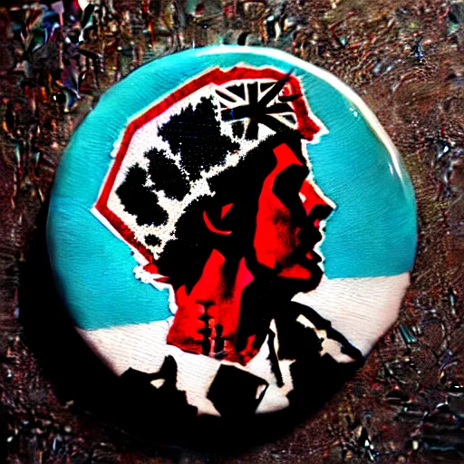 Image similar to painting on a badge!!!!, punks not dead!, exploited!!, clash, junk yard, rats!!, god save the queen!!!, punk rock album cover art style, grunge, no future!!!!, glitch effect