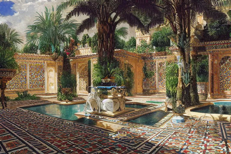 Prompt: painting of a beautiful moorish palace courtyard garden, by ludwig deutsch and donato giancola, patterned tilework, palm trees, tiled fountains, extremely detailed, cinematic lighting, smooth sharp focus