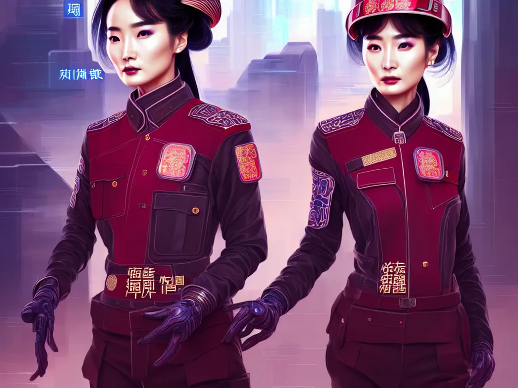 Image similar to portrait futuristic china police uniform female yang mi, at future neon light rooftop, ssci - fi and fantasy, intricate and very very beautiful and elegant, highly detailed, digital painting, artstation, concept art, smooth and sharp focus, illustration, art by tan zi and ayanamikodon and alphonse mucha and wlop