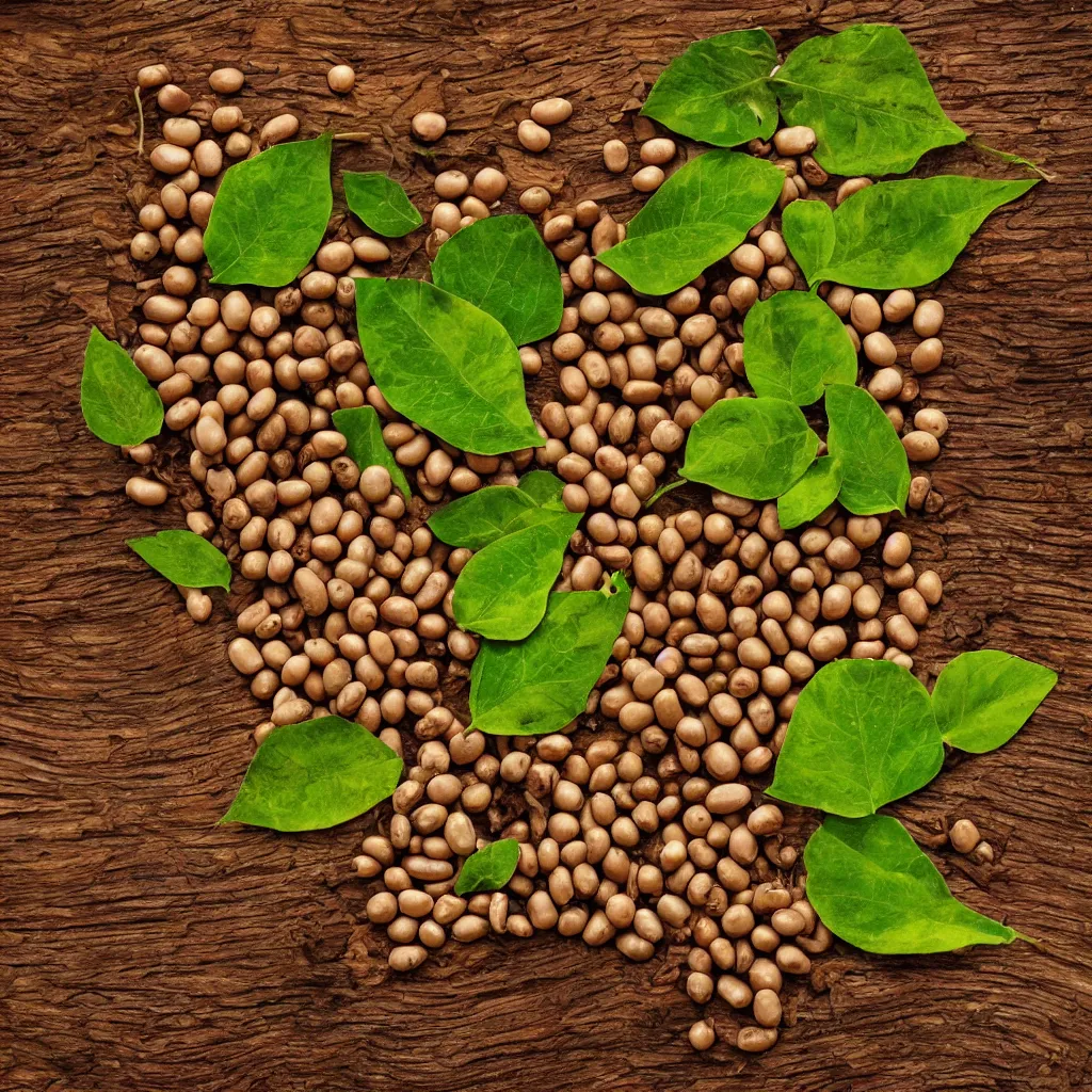 Image similar to large fractal soy beans, with leaves and roots, over vivid dark wood table, geometrical, metaphysical. food photography. super detailed. masterpiece